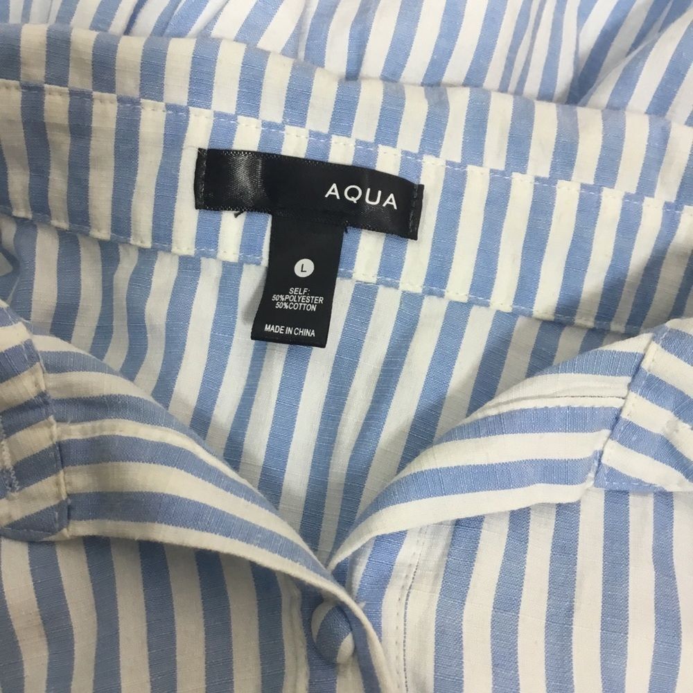Light blue & white striped button down summer dress shirt sleeve tiered skirt L - Picture 8 of 8